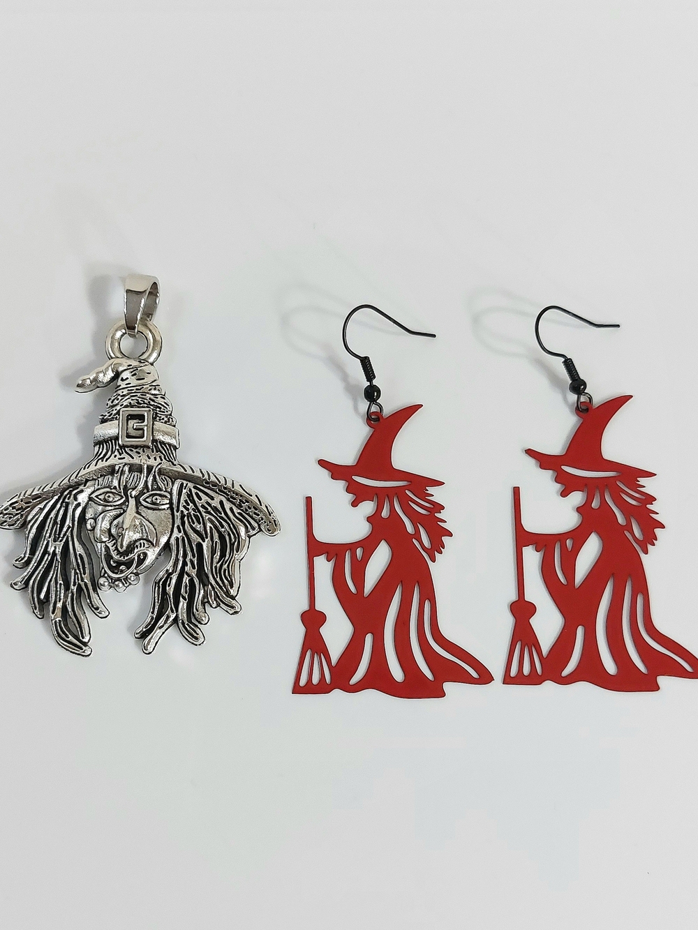 Red Witch Silhouette Earrings and Silver Witch Pendant Set